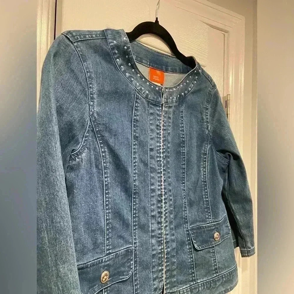 Hearts of Palm 3/4 Sleeve Rhinestone Crew Neck Denim Jacket Hook Loop Size 6 - Picture 7 of 10
